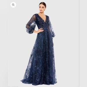 Blue Embellished Plunge Neck Puff Sleeve A Line Gown
